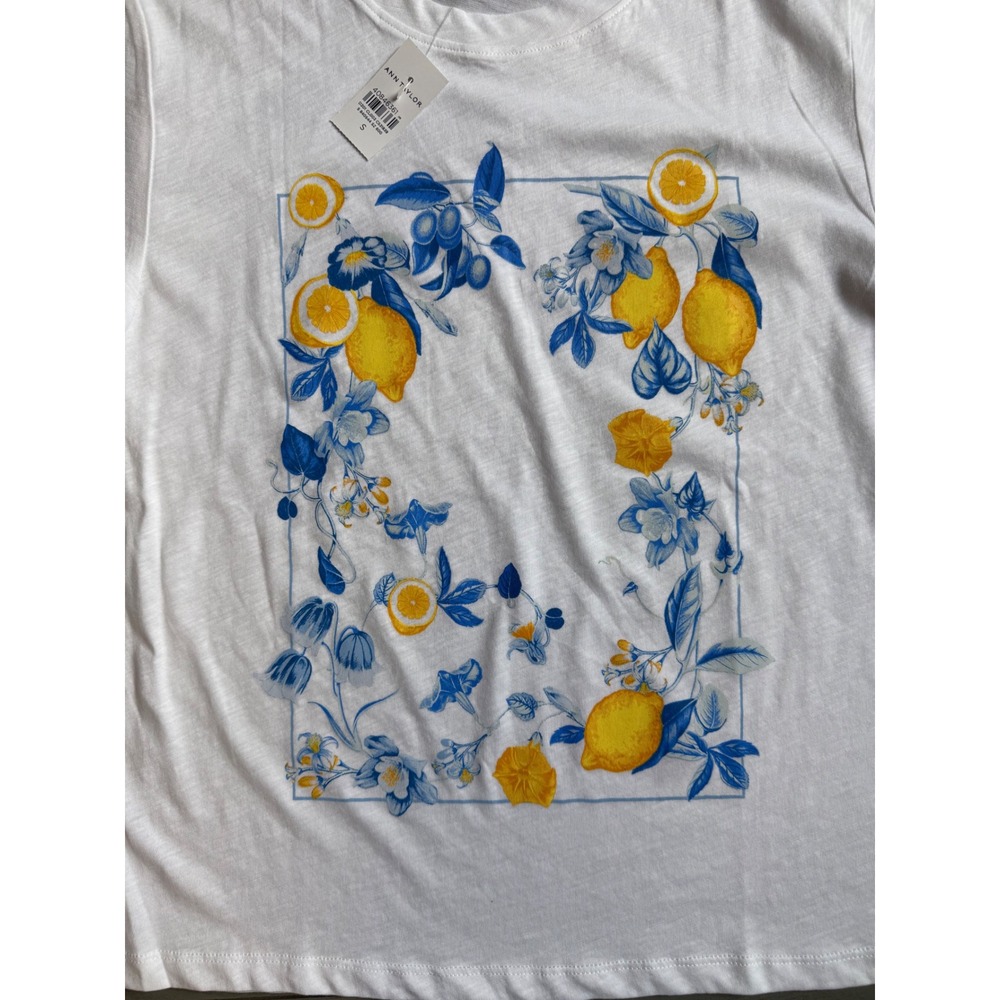 Ann Taylor Weekend White Lemon Floral Graphic Tee Cotton Short Sleeve Shirt S - Picture 3 of 5